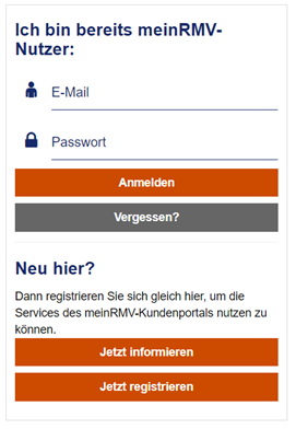 Screenshot aus meinRMV, Login und Registrierung