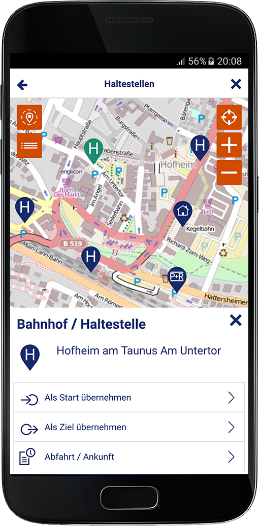 Screenshot der RMV-App mit einer Landkarte, in der Haltestellen gekennzeichnet sind
