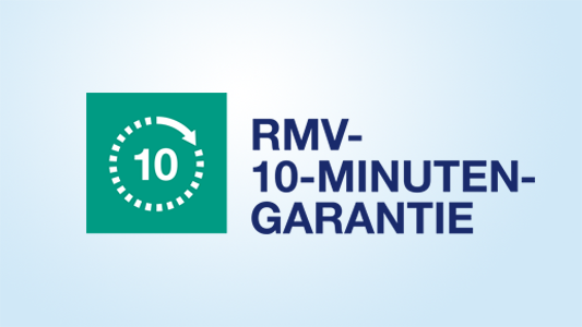 Links auf türkisem Quadrat eine angedeutete Uhr mit einer 10 in der Mitte, rechts der blaue Schriftzug RMV-10-Minuten-Garantie