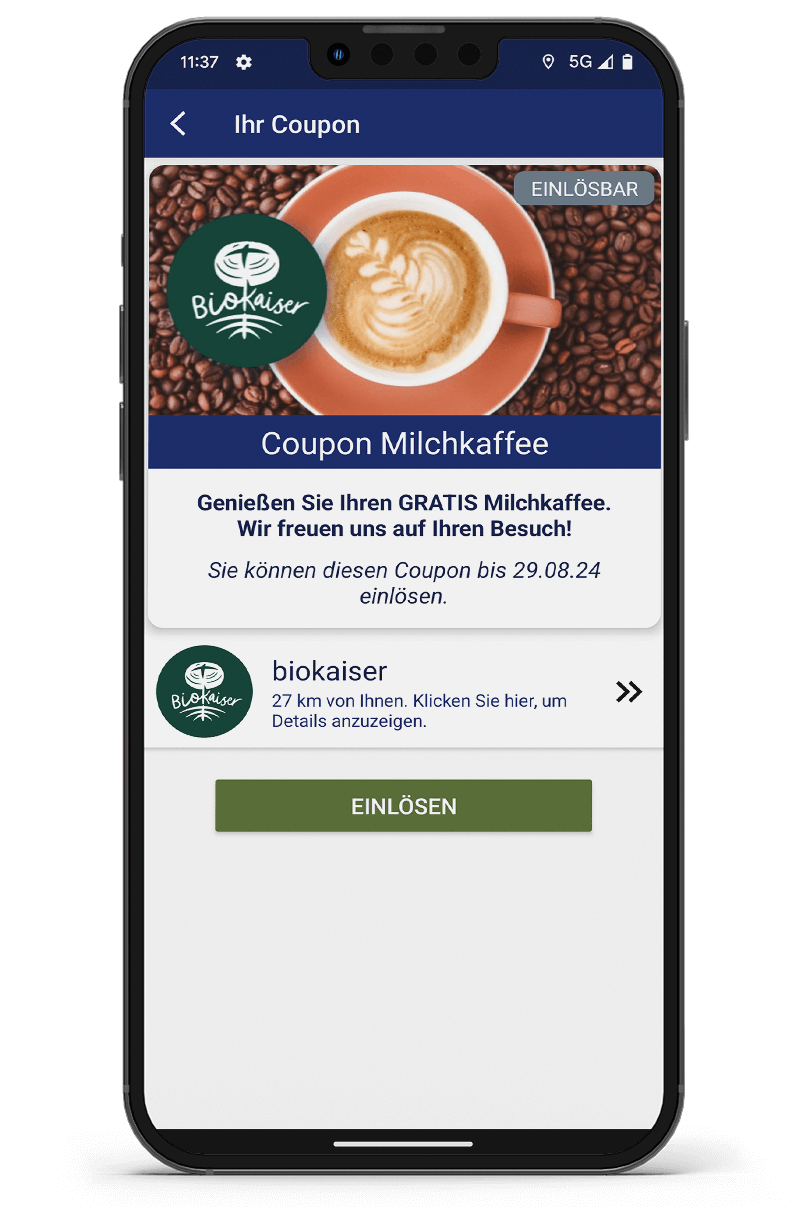 Coupon für einen Kaffee in der App RMVplus