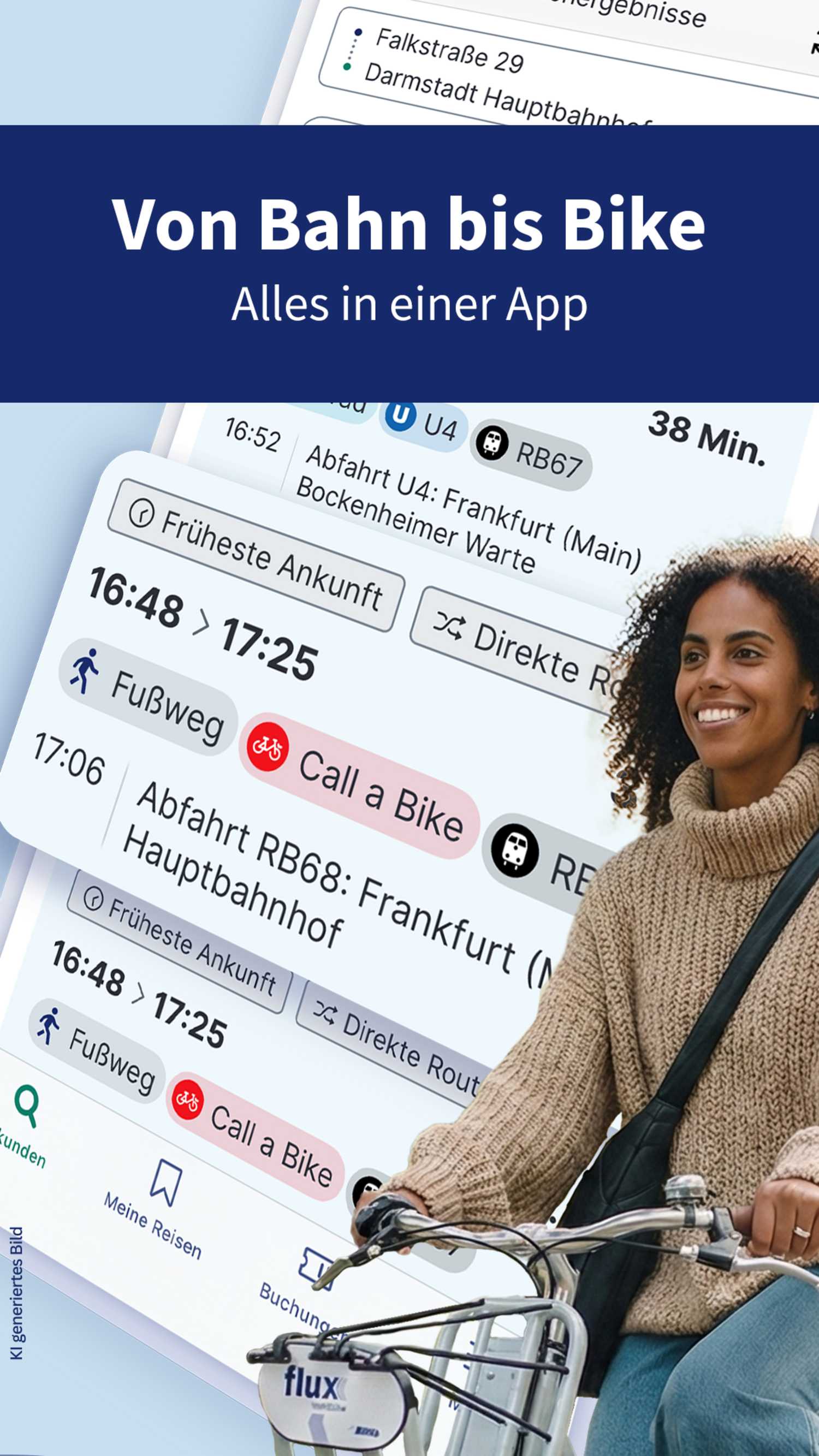 Frau auf Fahrrad vor App RMVplus