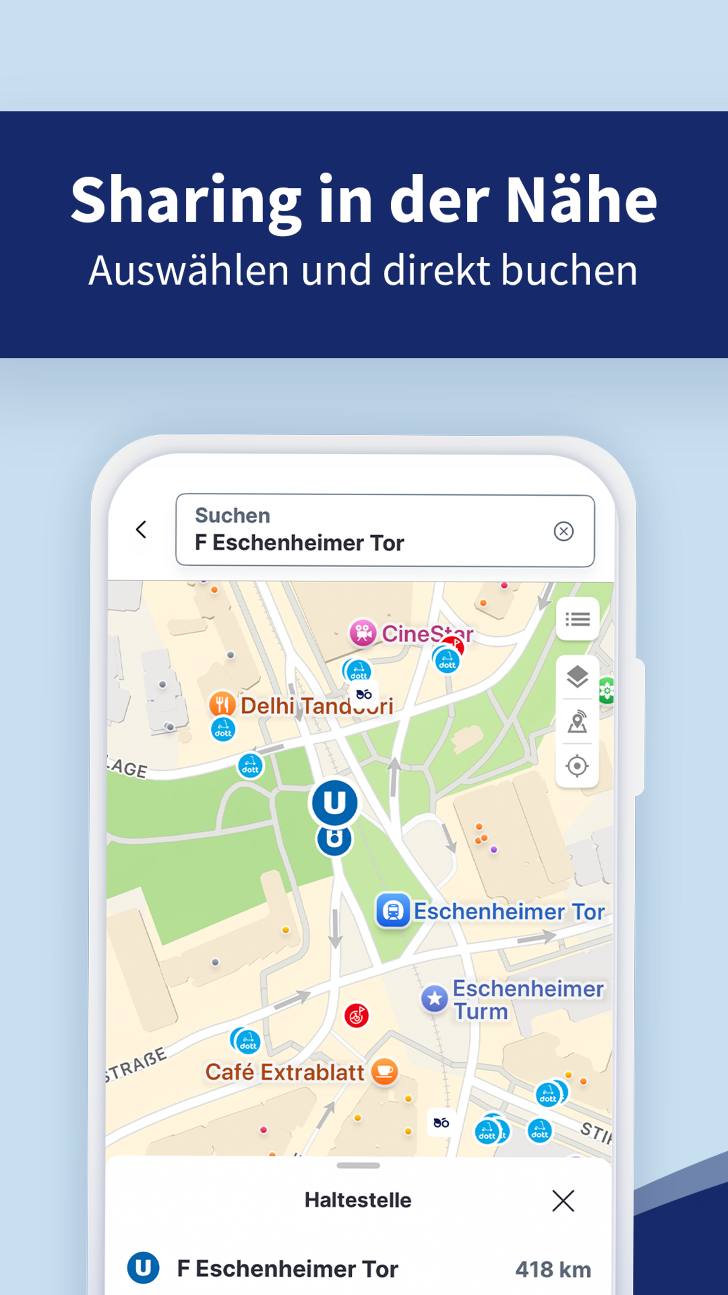 Kartenansicht mit Sharing-Angeboten in der App RMVplus.