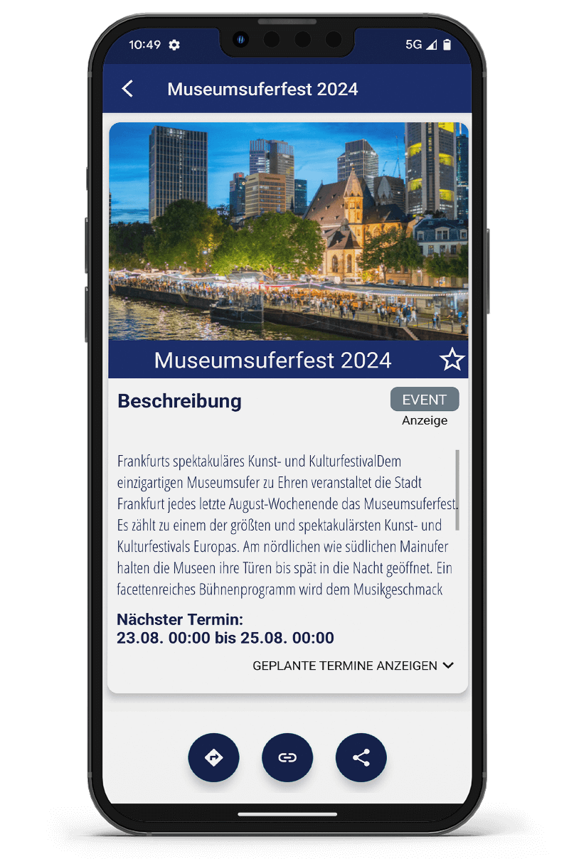 App RMVplus zeigt eine anstehende Veranstaltung mit Bild und Beschreibung