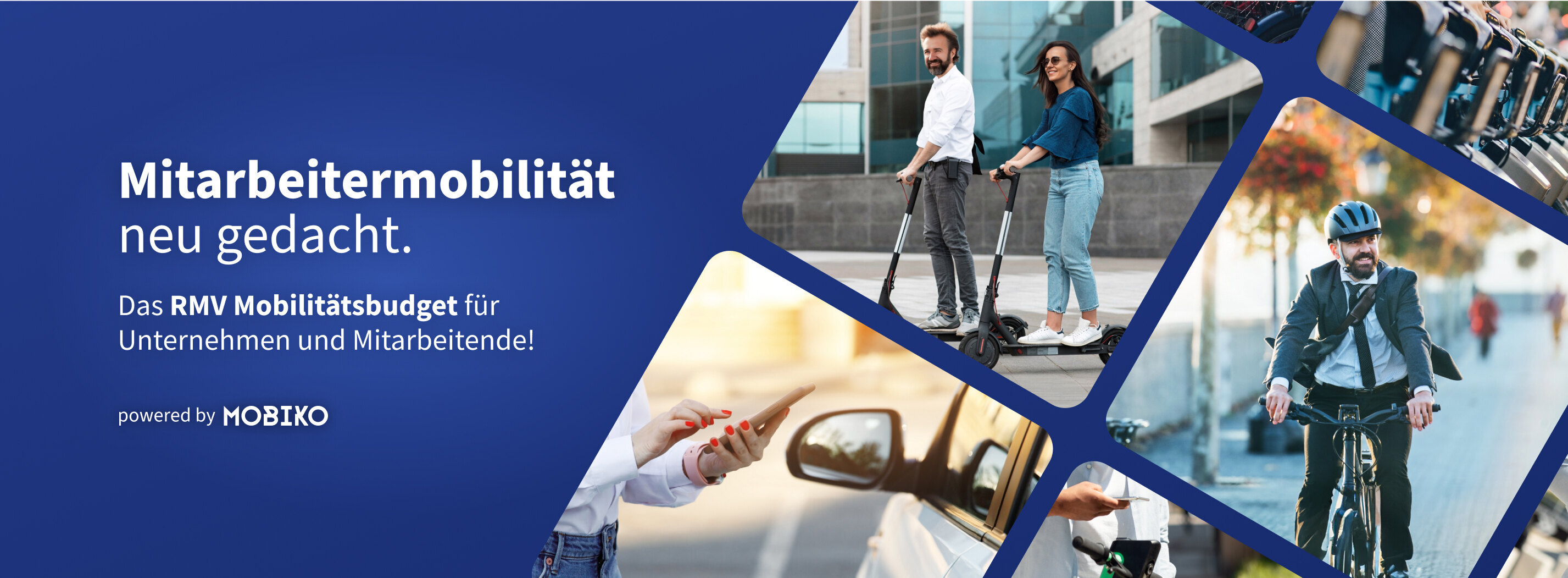 Collage von Personen, die E-Scooter, Fahrräder und Smartphones nutzen.