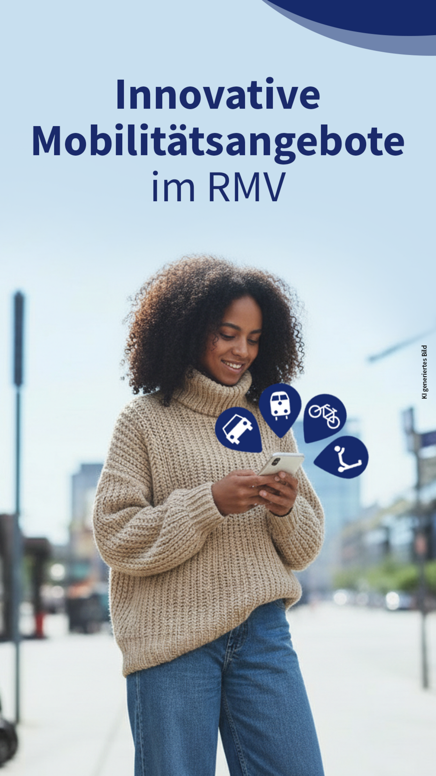Frau schaut auf Smartphone mit Icons der App RMVplus.