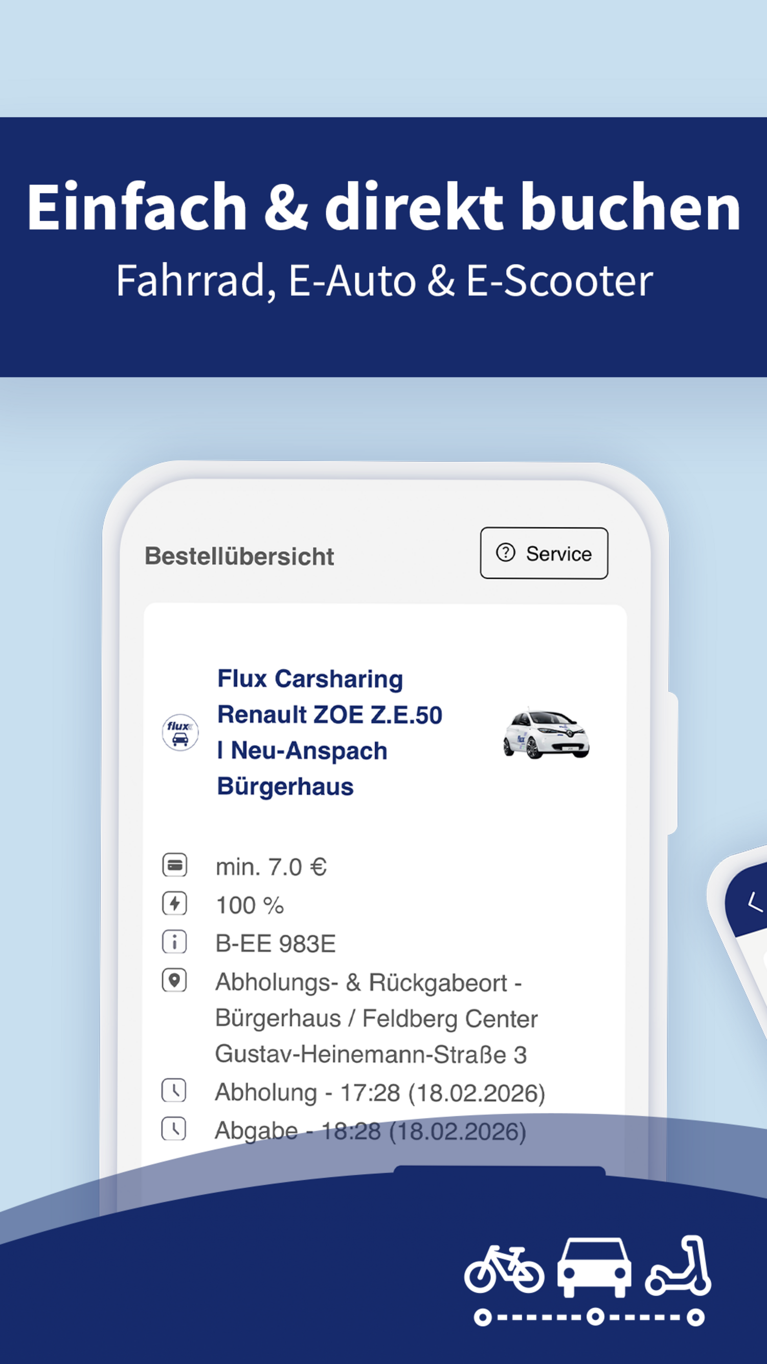 Bestellübersicht eines Flux Carsharing Wagens in der App RMVplus.