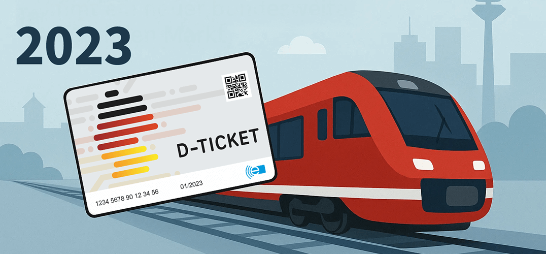 Deutschland-Ticket vor Zug und Skyline.