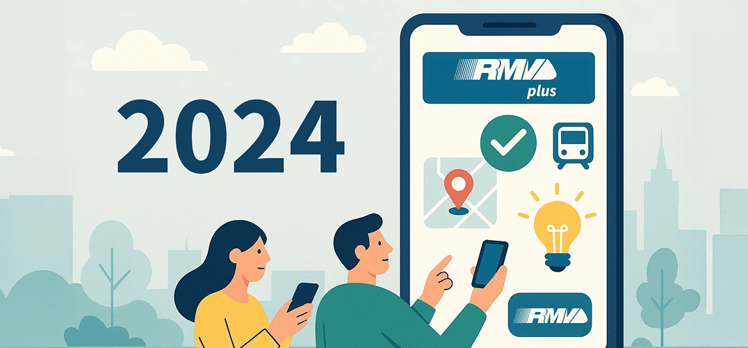 Mann und Frau schauen auf Smartphone mit RMVplus-Logo und verschiedenen Funktionen.