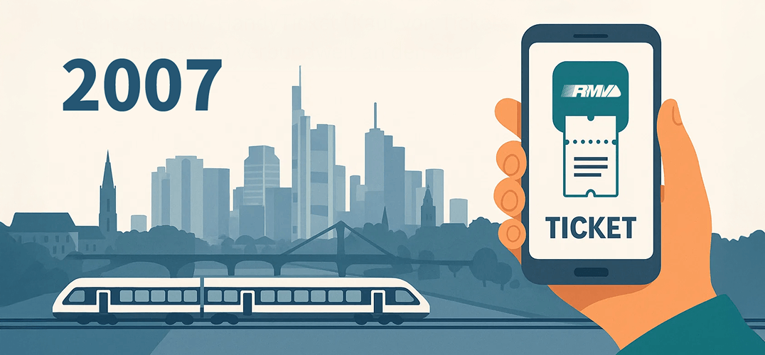 Zug vor Frankfurter Skyline, Hand hält Smartphone mit RMV-HandyTicket.