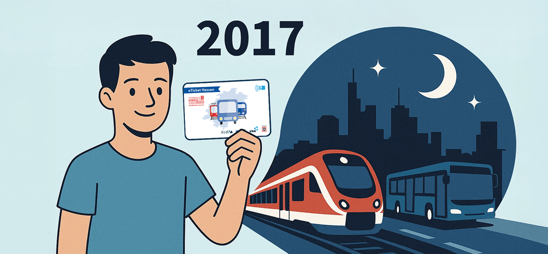 Mann hält eTicket Hessen, neben ihm Zug und Bus bei Nacht.