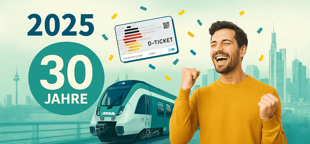 Jubelnder Mann mit Deutschland-Ticket, Zug, 30-Jahre-Schild und Konfetti vor Skyline.