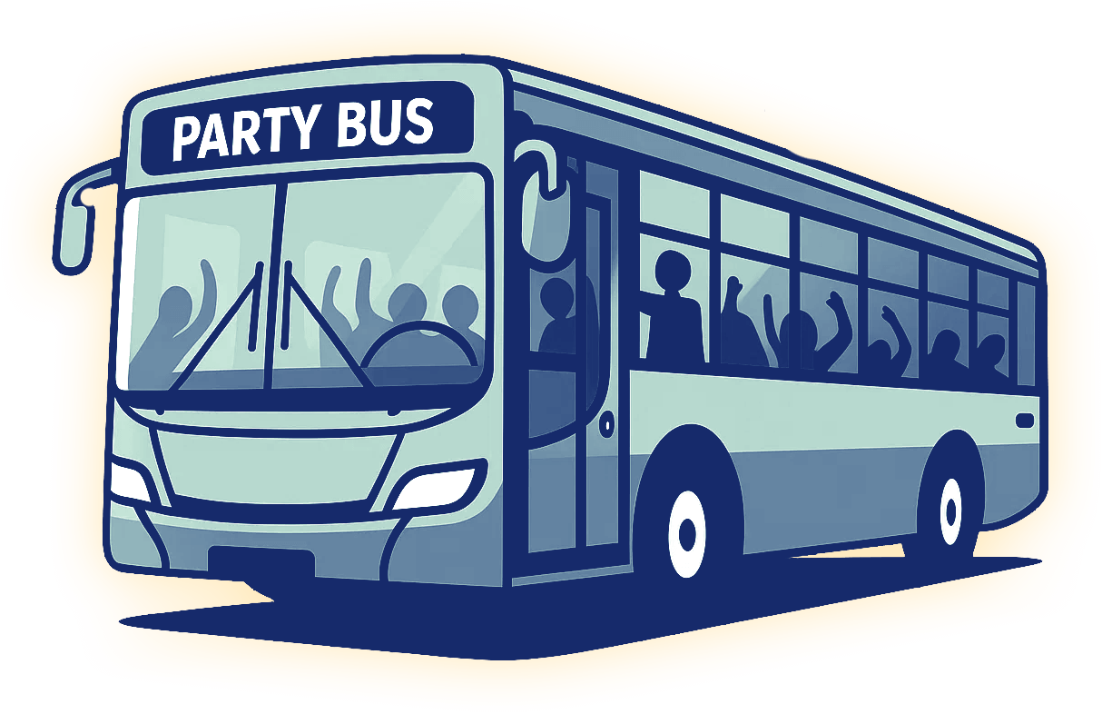 Illustration eines Busses, in dem eine Party stattfindet