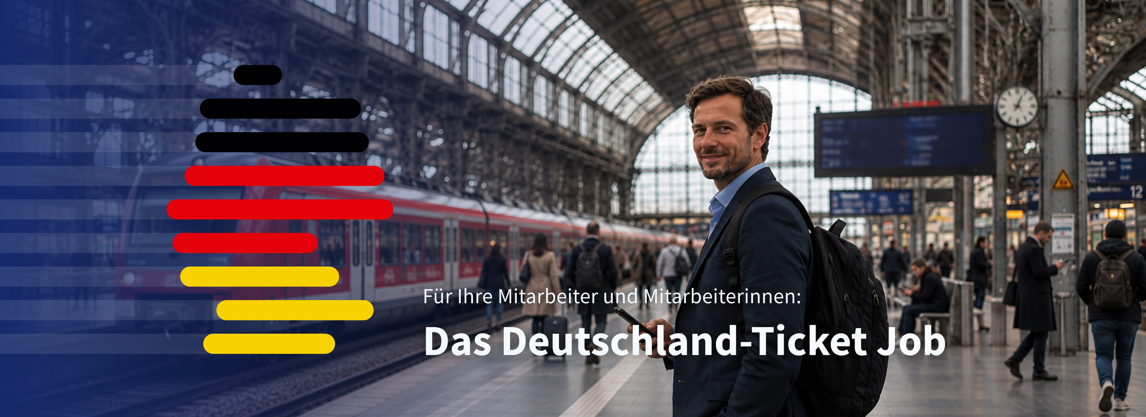Mann in Businesskleidung und Rucksack steht mit Smartphone in der Hand am Bahnsteig.