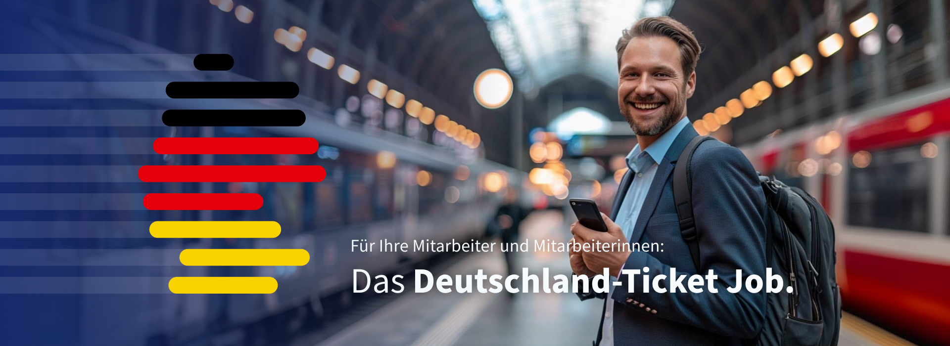 Mann im Anzug mit Handy an Bahnsteig neben Deutschland-Ticket Job Logo. 