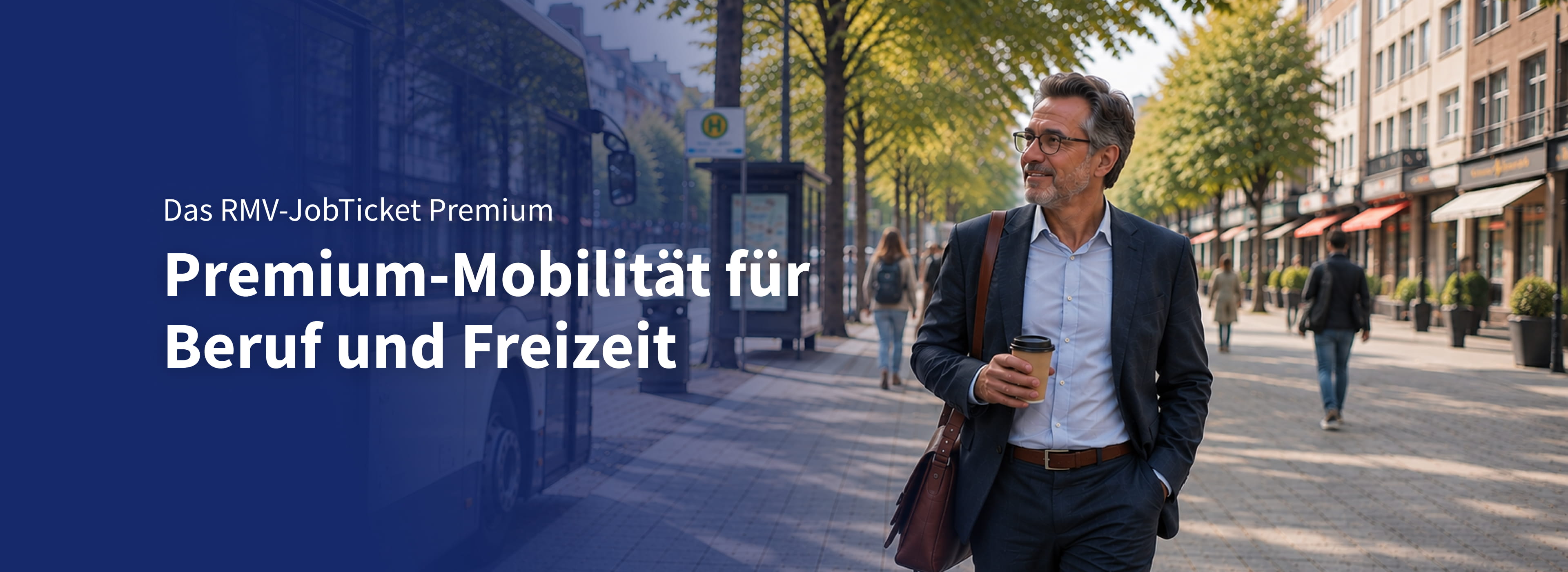 Mann in Businesskleidung mit Kaffee-Becher in der Hand läuft an Bus vorbei.
