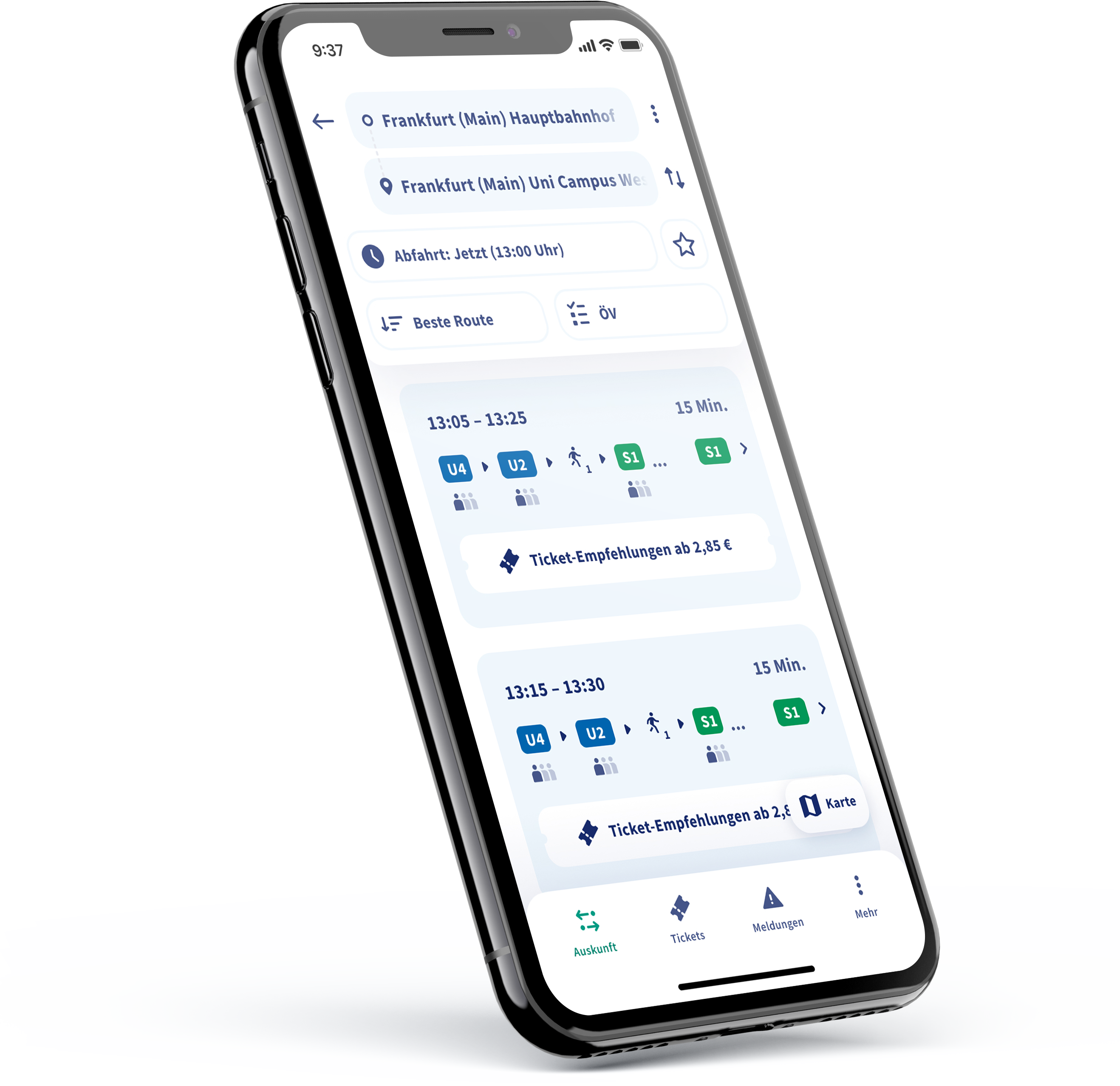Ein Smartphone mit der Verbindungsauskunft der RMVgo App auf dem Display