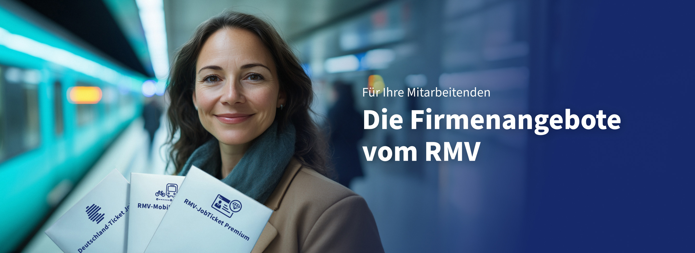 Eine Frau in einer U-Bahn-Station mit Flyern der Firmenagebote des RMV