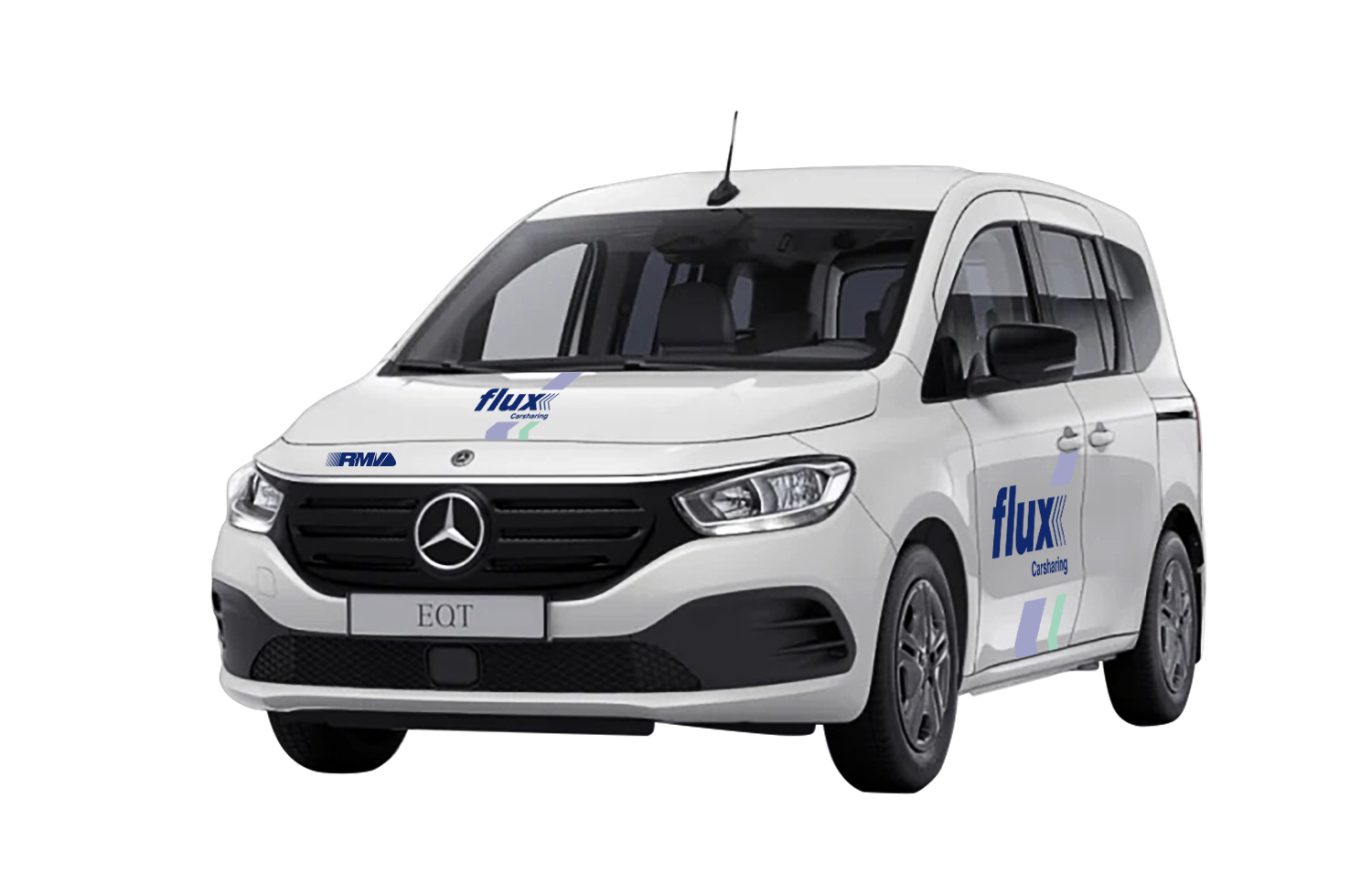 Mercedes EQT mit Aufklebern von flux-Carsharing