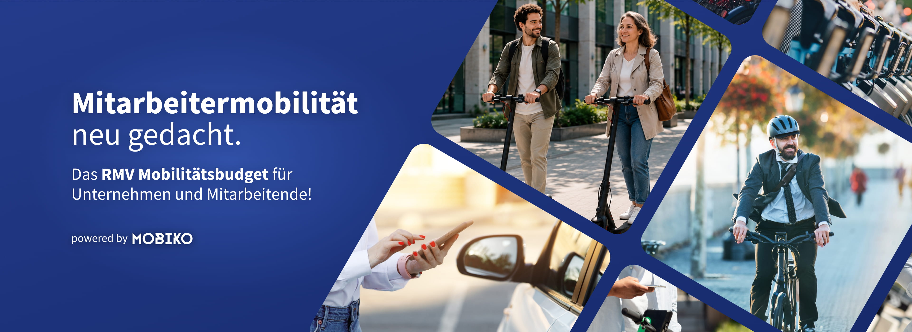 Collage verschiedener Mobilitätsangebote mit E-Scooter, Auto, Fahrrad und weiteren Verkehrsmitteln.