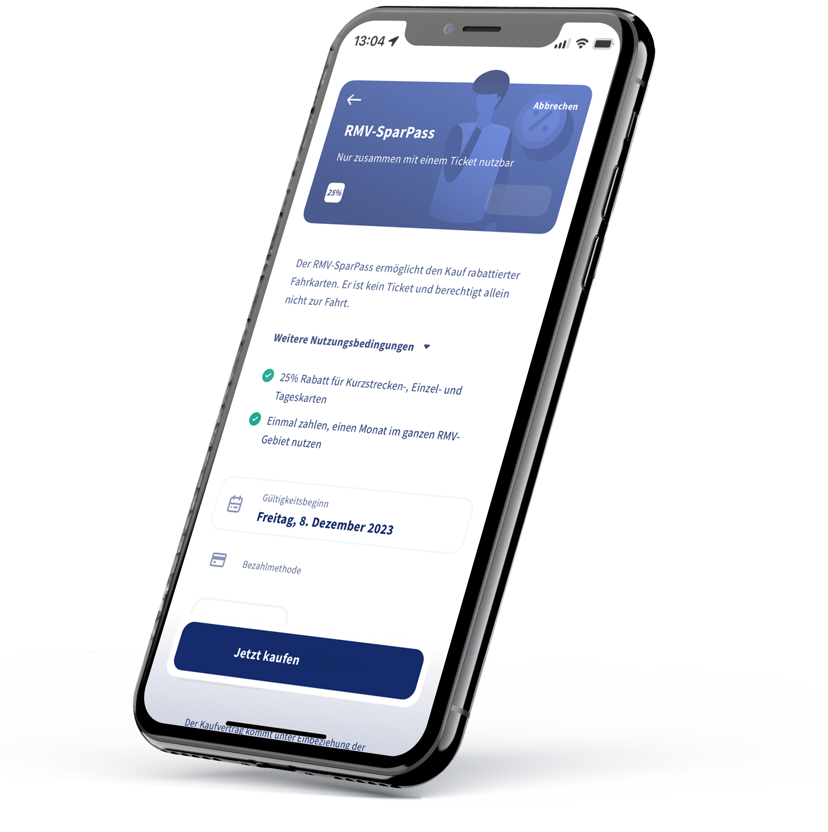 RMV-Sparpass in der App RMVgo auf einem Smartphone-Bildschirm