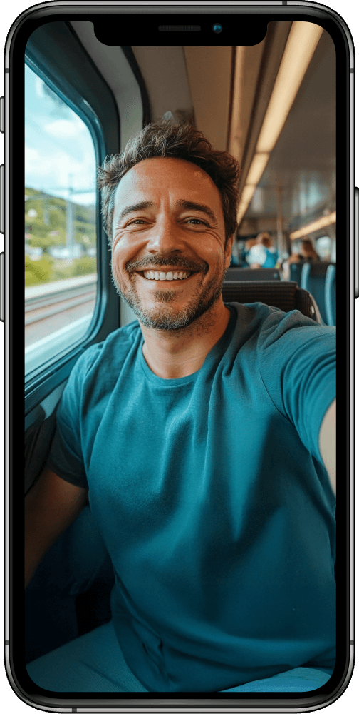 Eine glückliche Person nutzt die App