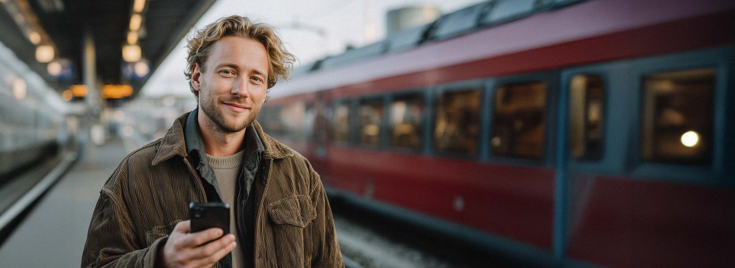 Ein Mann steht am Bahnsteig. Er hält ein Handy in der Hand. 