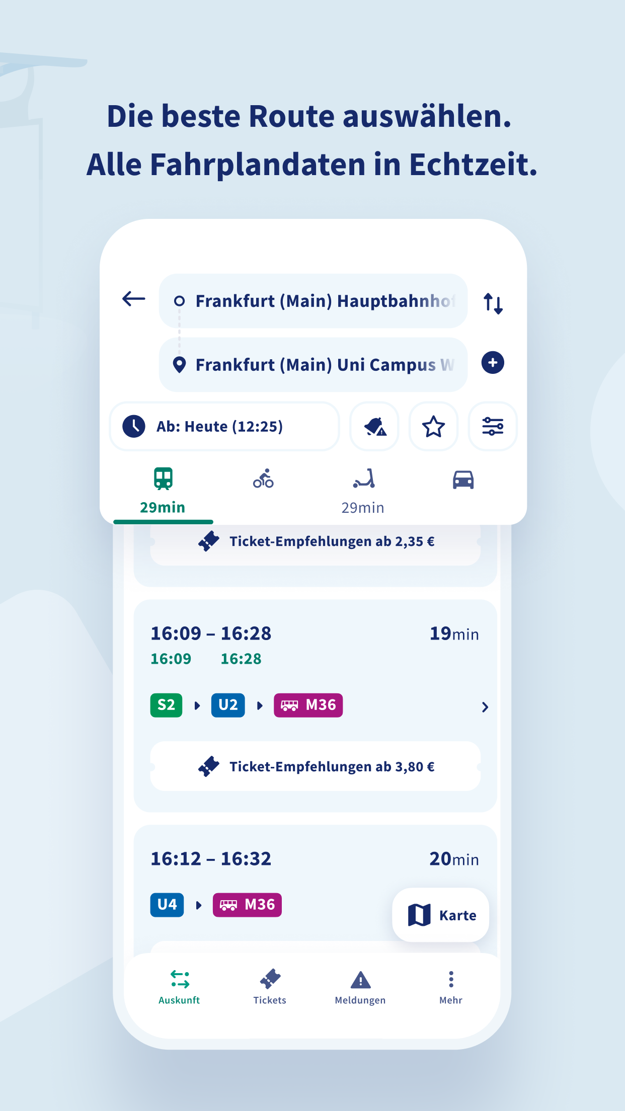 Verbindungsübersicht in der App RMVgo mit EWchtzeit-Fahrplandaten