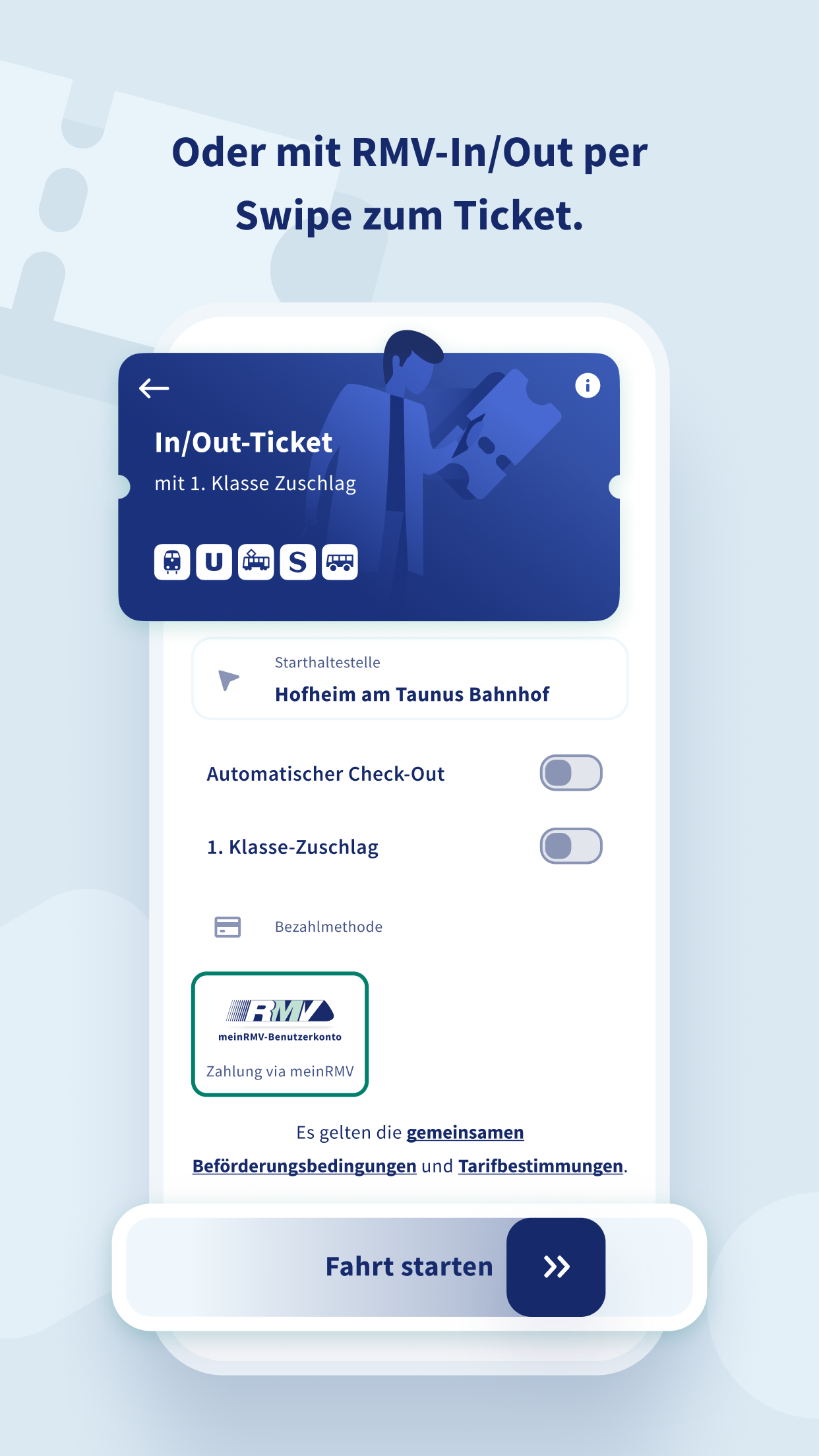 Ansicht der APp RMVgo mit In/Out-Ticket und Button ‚Fahrt starten‘