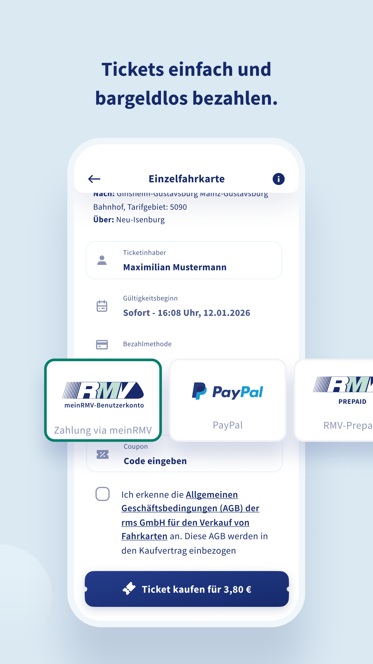 Ticketkauf in der App RMVgo mit Auswahl der Zahlungsmethode und Button ‚Ticket kaufen für 3,80 €‘.