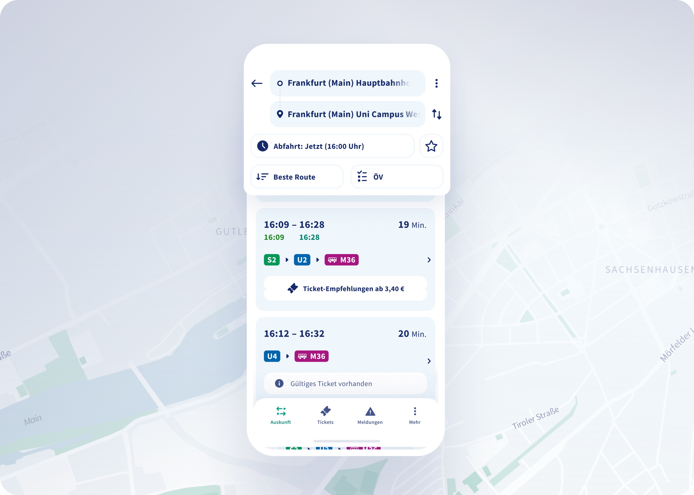 Listenansicht der Verbindungsauskunft der RMVgo App