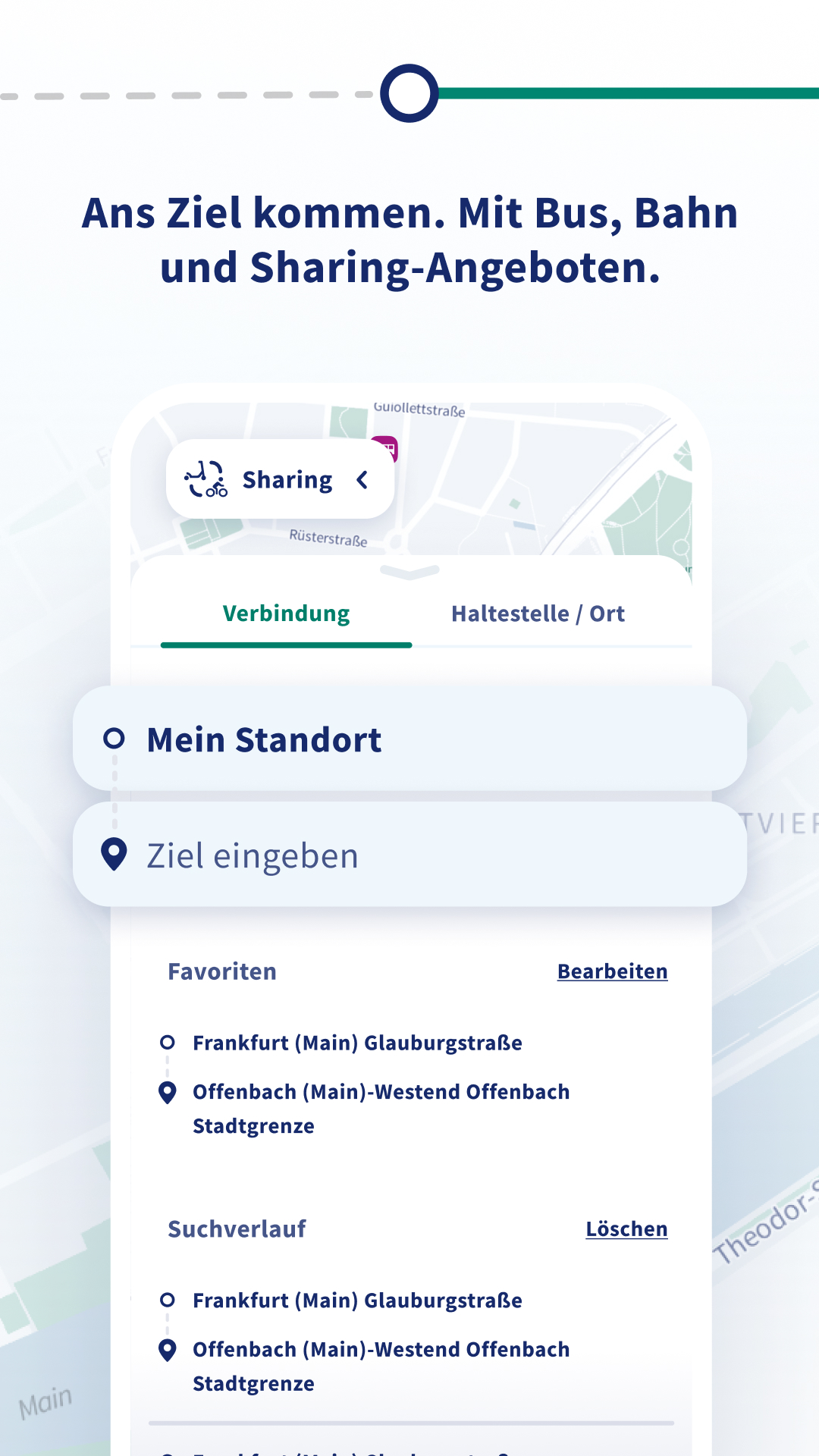 Verbindungssuche in der RMVgo-App mit Text "Ans Ziel kommen. Mit Bus, Bahn und Sharing-Angeboten."
