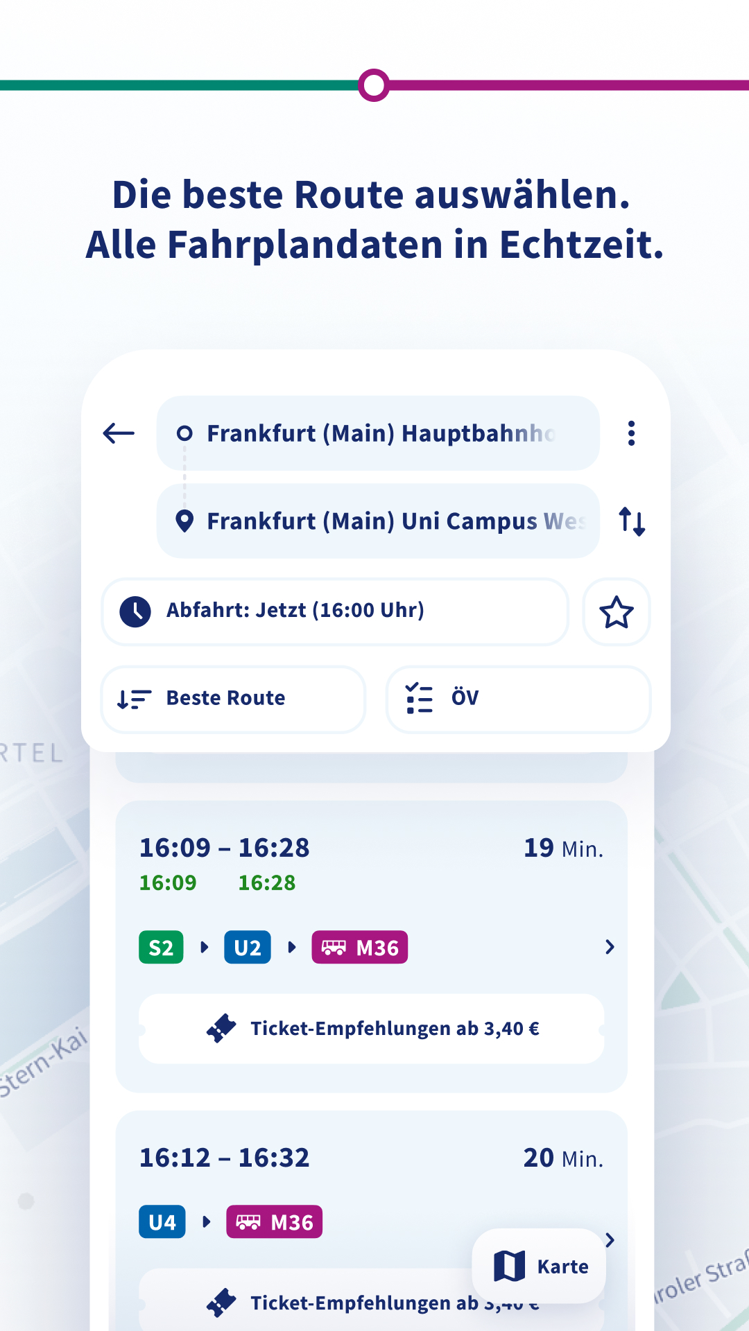 Fahrplanauskunft in der RMVgo-App mit Text "Die beste Route auswählen. Alle Fahrplandaten in Echtzeit."