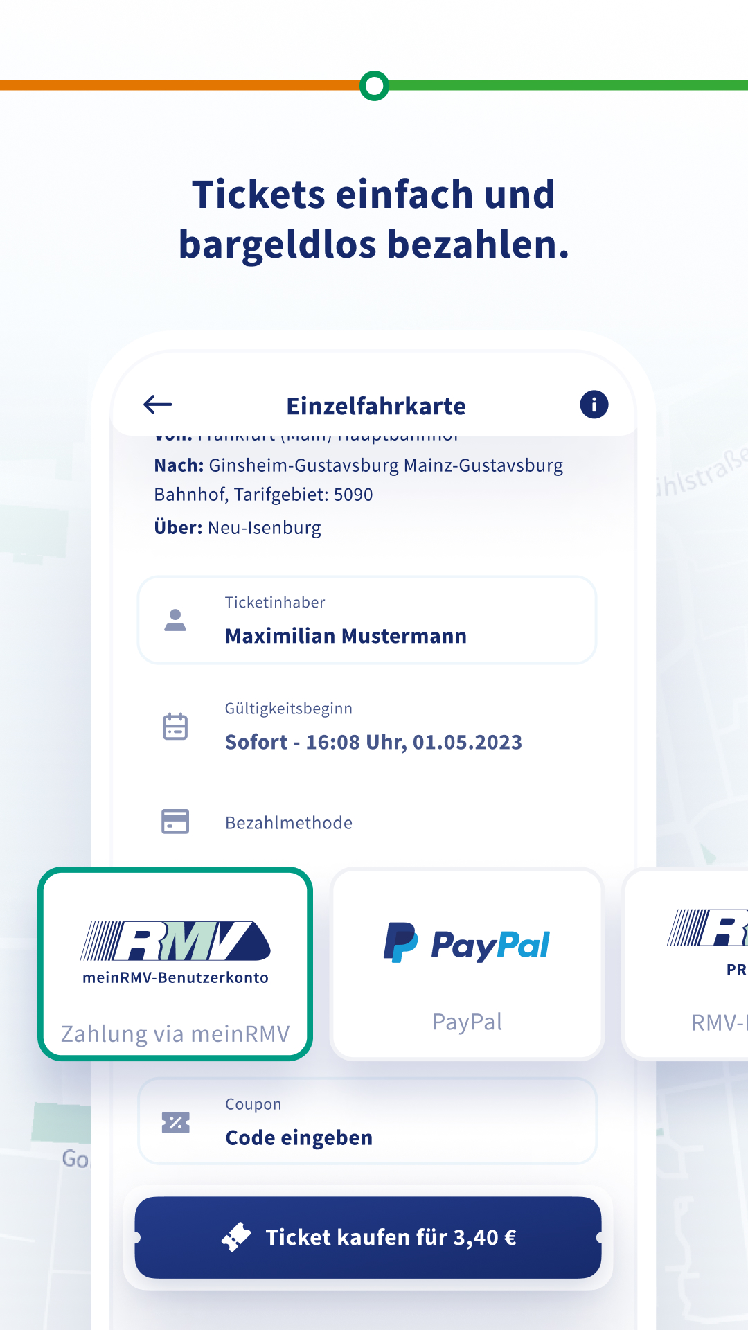 Bzahlmethode in der RMVgo-App mit Text "Tickets einfach und bargeldlos bezahlen."