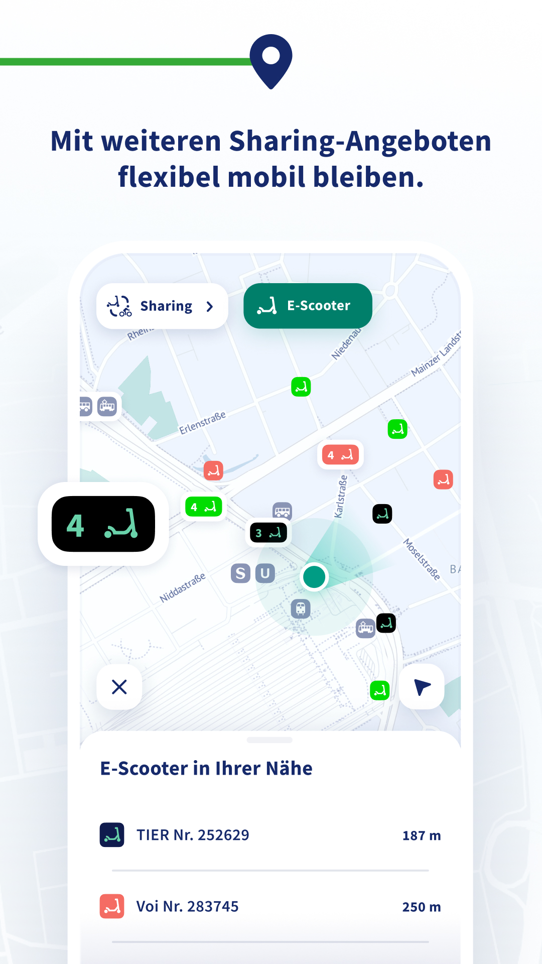 Sharing-Angebote in der RMVgo-App mit Text "Mit weiteren Sharing-Angeboten flexibel mobil bleiben."